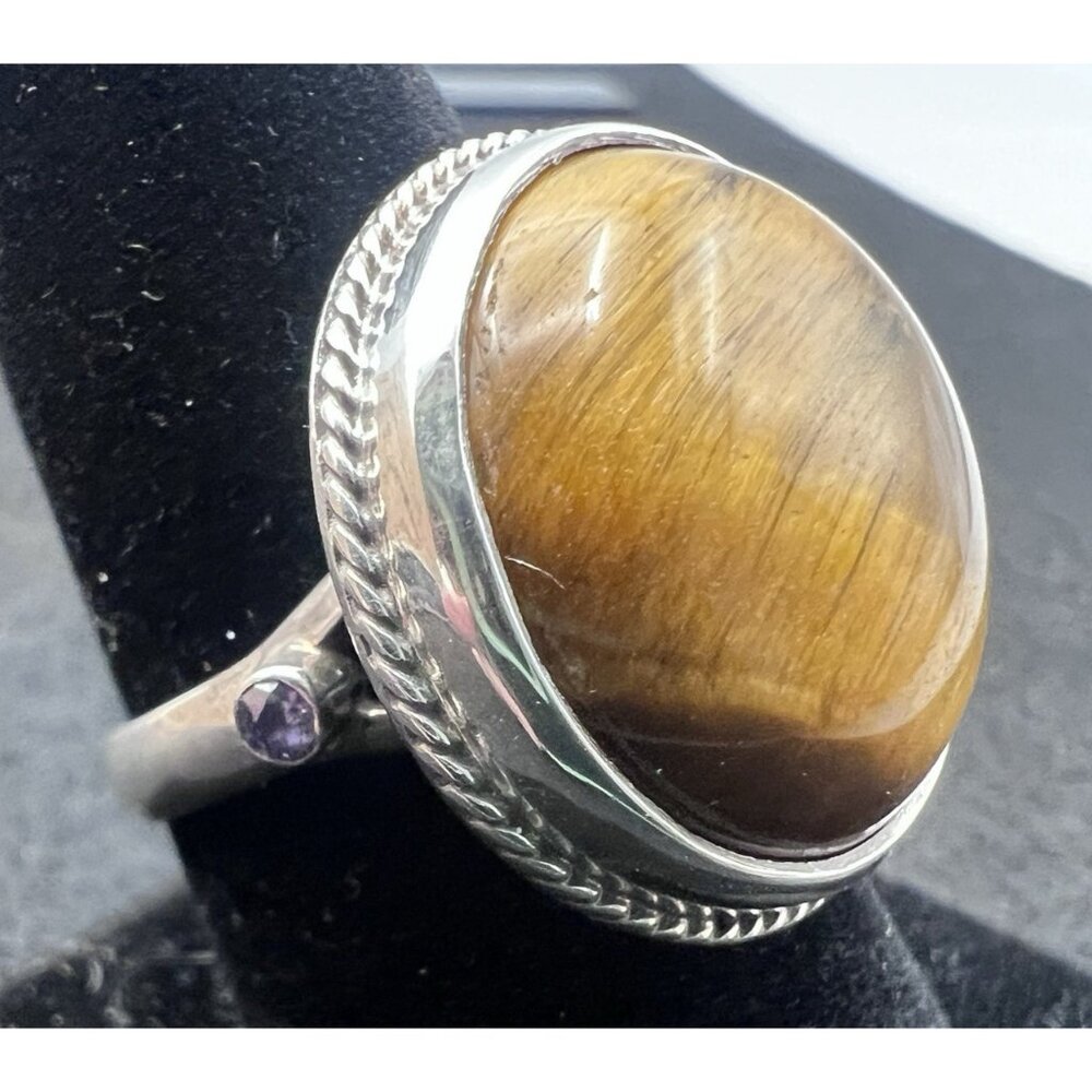 Vintage Tiger Eye & Amethyst Sterling Silver Statement Ring Size 9 Southwestern